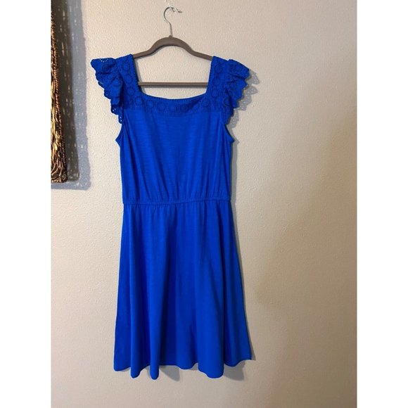 Talbots Dress M Medium Cobalt Blue Stretch Eyelet Slub Cotton Square Neck NEW - Picture 6 of 11